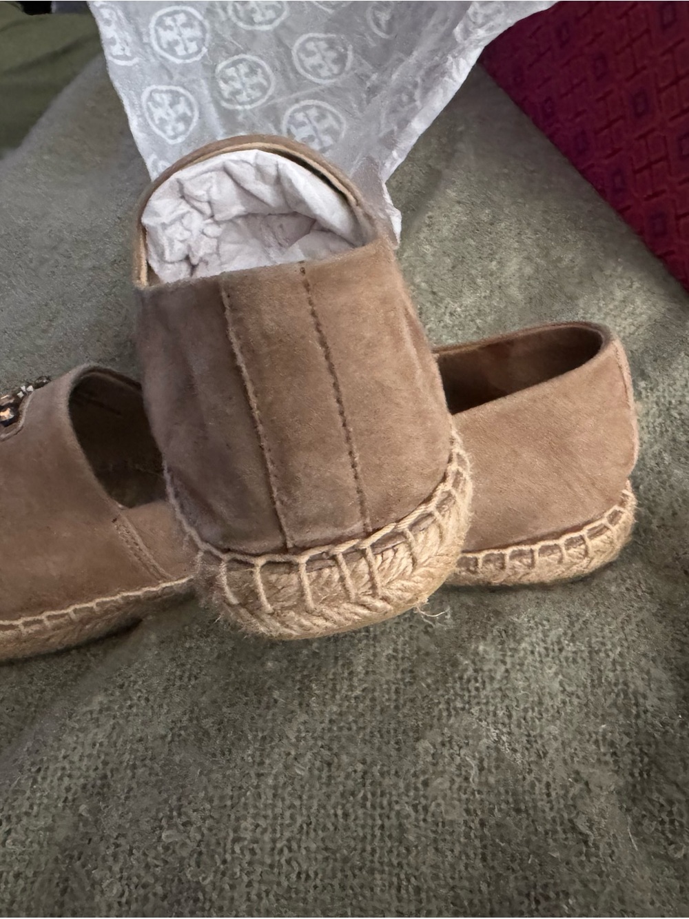 Tory Burch Taupe Suede Espadrille Slip-Ons with Embellished Logo - Picture 4 of 6